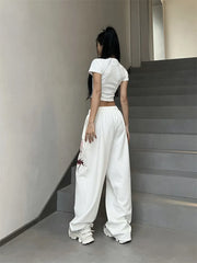 Letter Print Elastic Waist Baggy Wide Leg Sweatpants