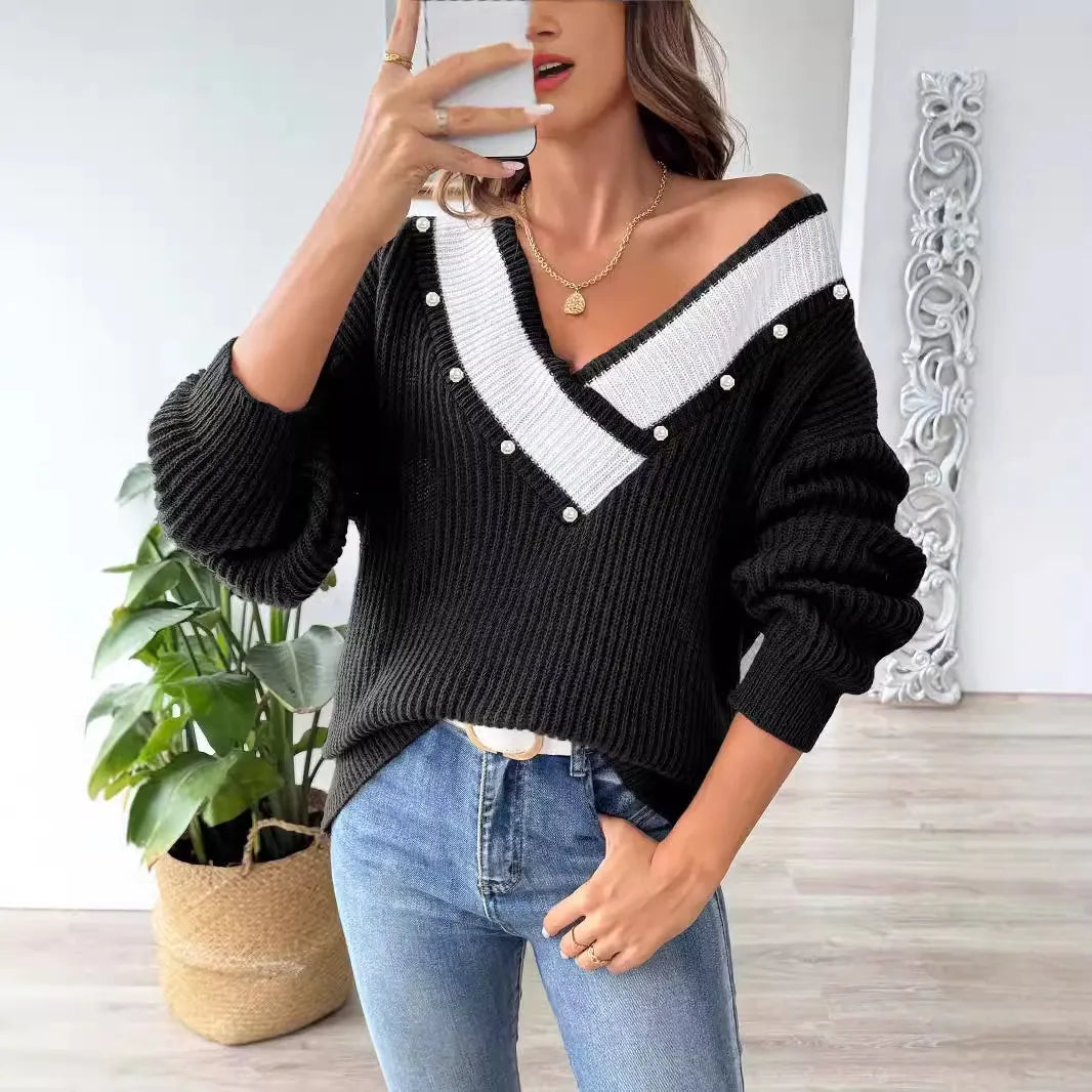 Color Block Beaded Off-Shoulder V-Neck Loose Knit Sweater