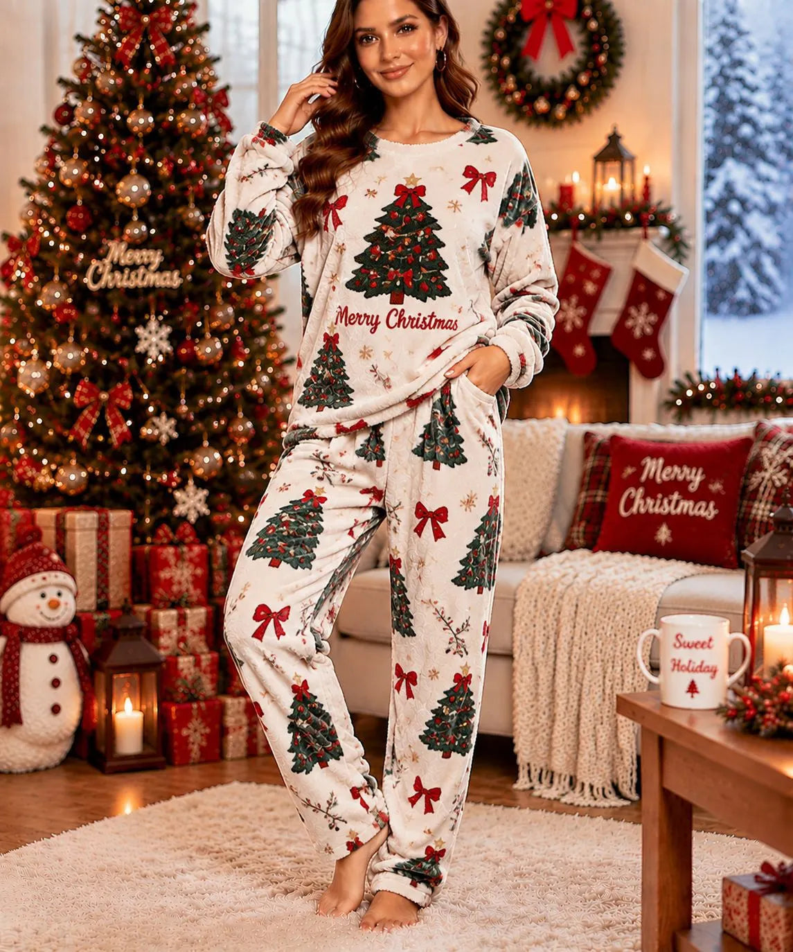 Cute Christmas Snowman Fleece Loungewear Set Round Neck Long Sleeve Top & Elastic Waist Full Length Pants