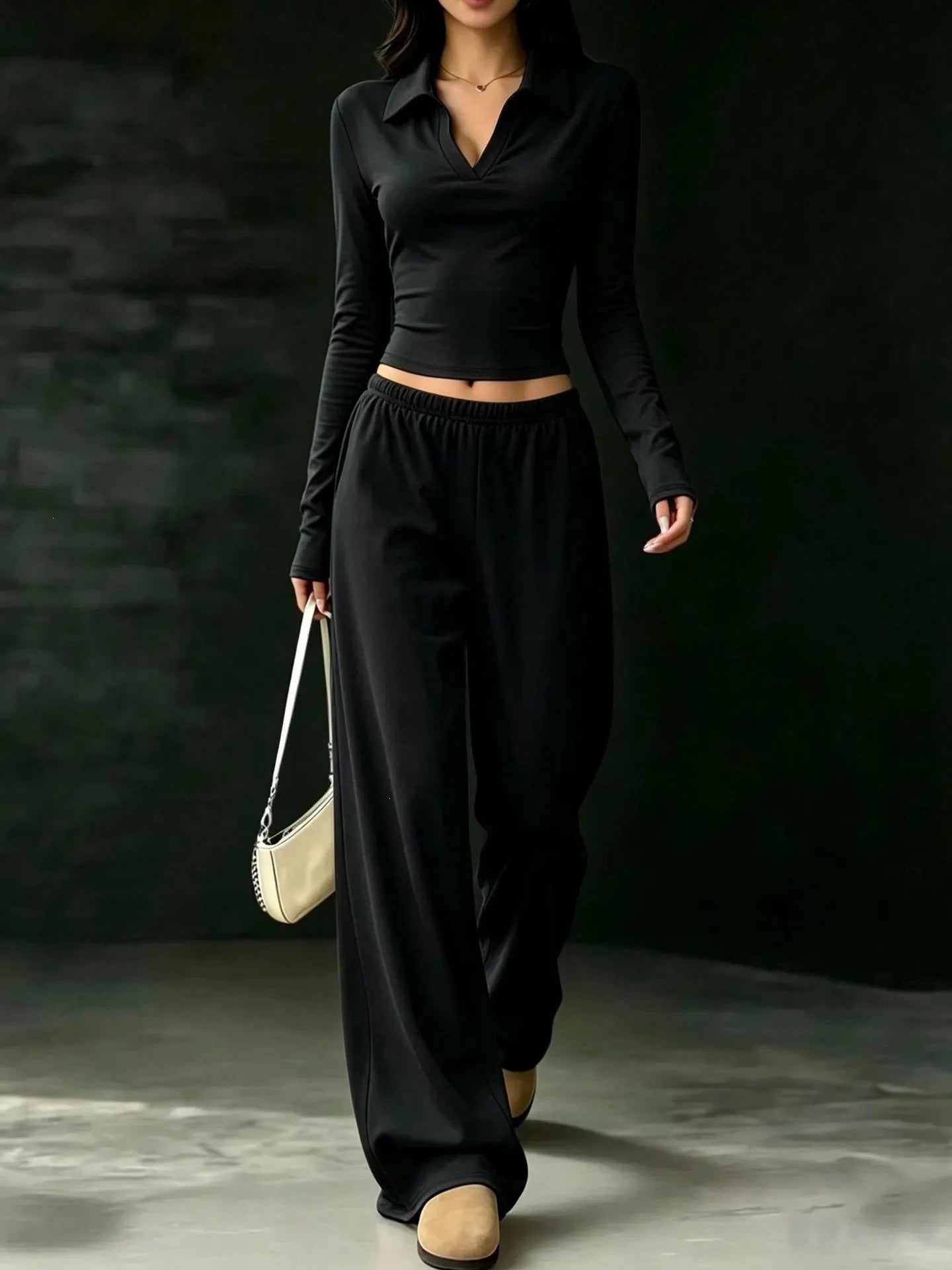 Black Polo V-neck Long Sleeve Crop Top & Elastic Waist Wide Leg Pants Two Piece Set