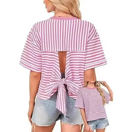 Crew Neck Horizontal Striped Loose Short Horn Sleeve Casual T-Shirt