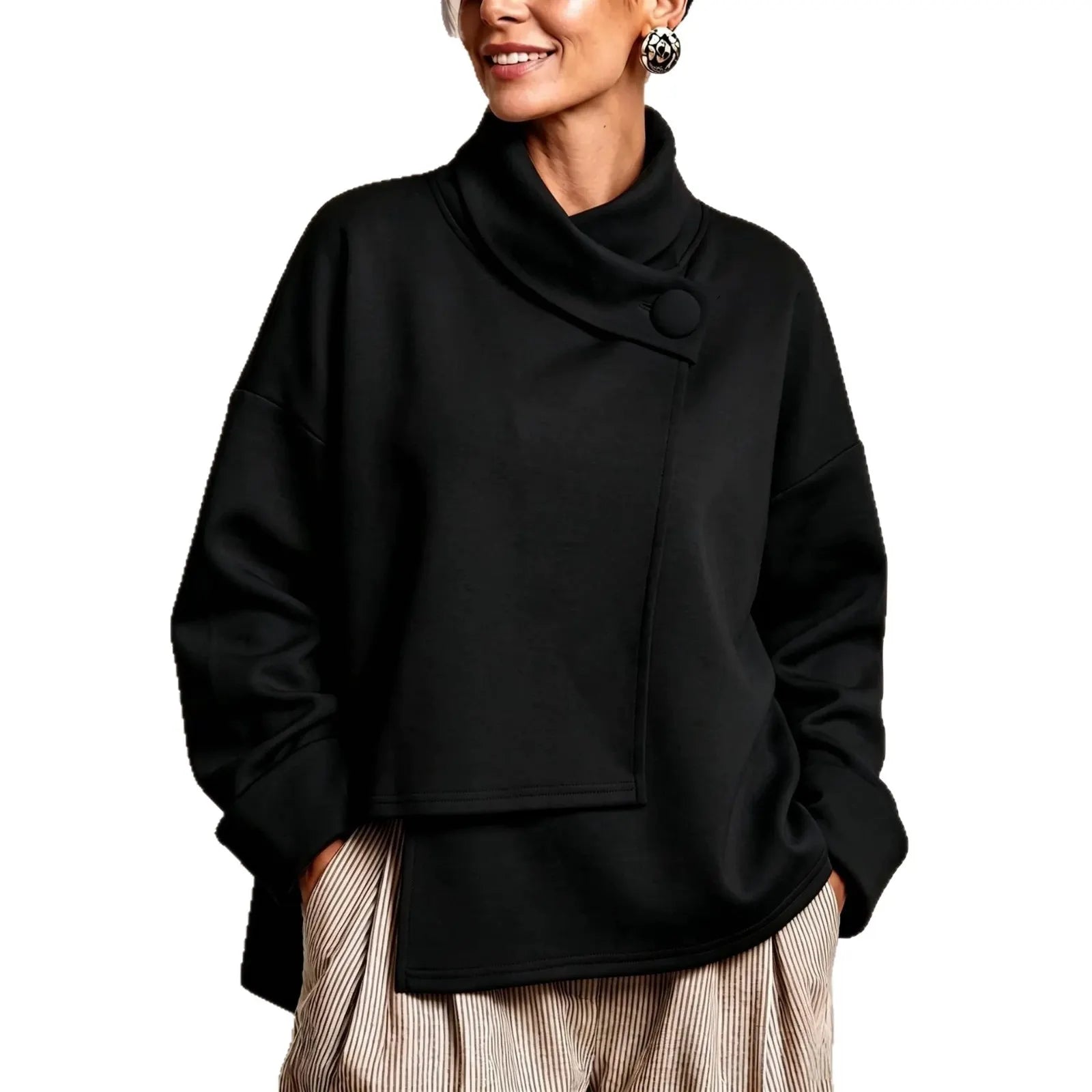 Asymmetric Button Turtleneck Sweatshirt Oversized Long Sleeve Wrap Collar Pullover