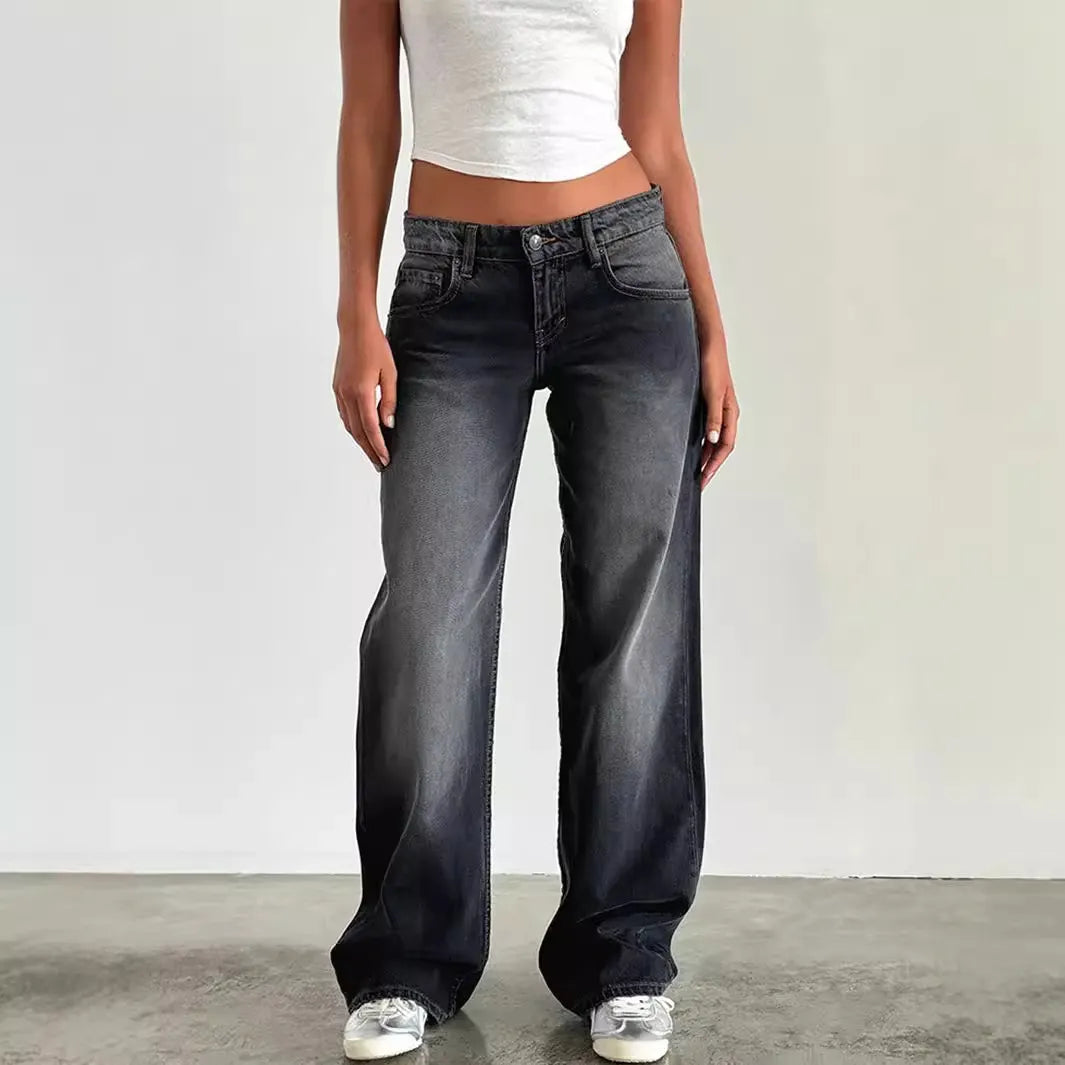 Vintage Wash Low Rise Wide Leg Denim Jeans
