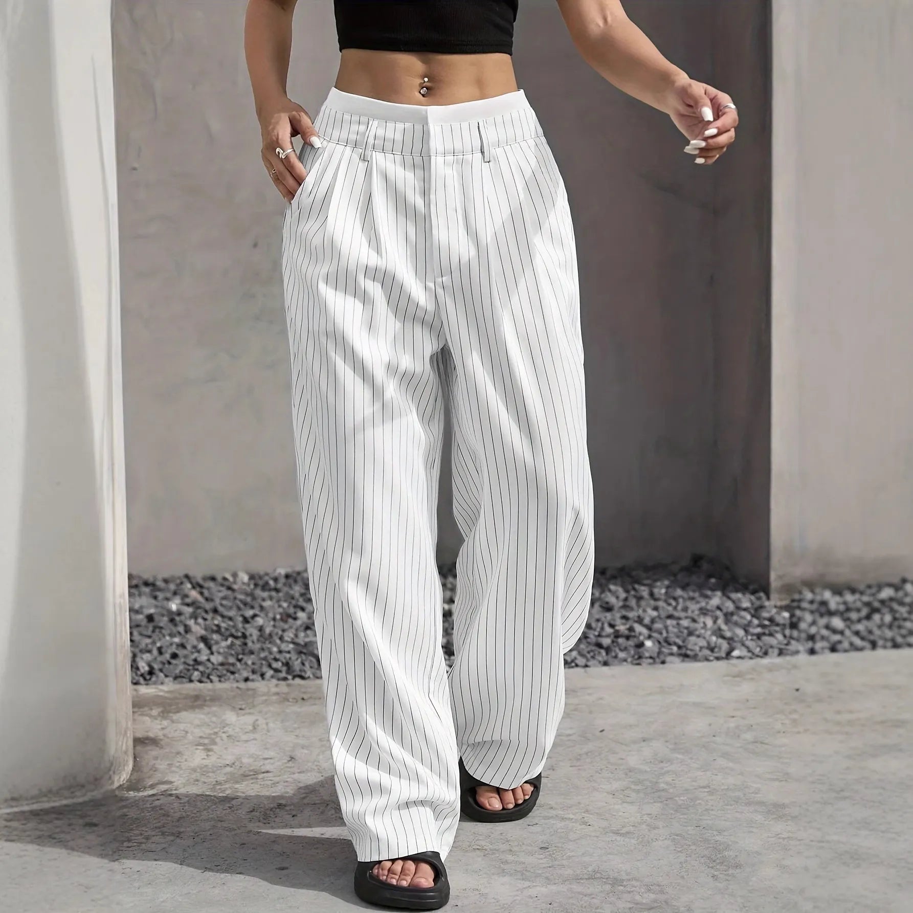 High Waist Striped Loose Wide Leg Suit Pants