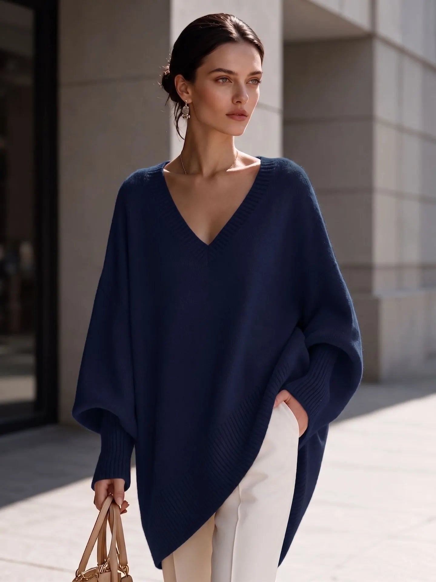 Dusty Pink Oversized V Neck Tunic Sweater, Batwing Long Sleeve Soft Knit Top