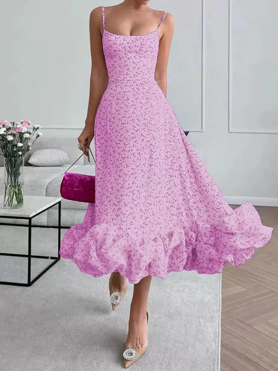 Solid U-Neck Sleeveless High Waist Pleated Flare Midi Dress