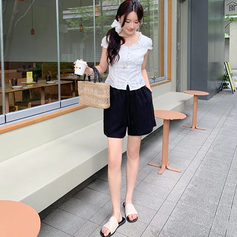 Oversized Long Sleeve Shirt Drawstring Shorts / Pants 2 Piece Casual Suit