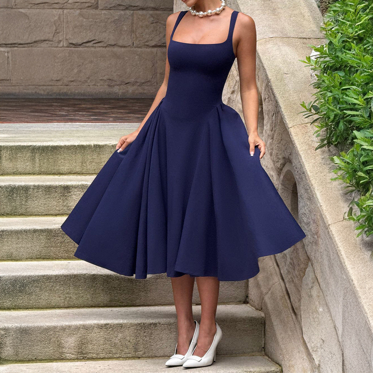 Square Neck Sleeveless Midi Dress