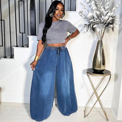 Elastic Drawstring Waist Denim Wide Leg Pants