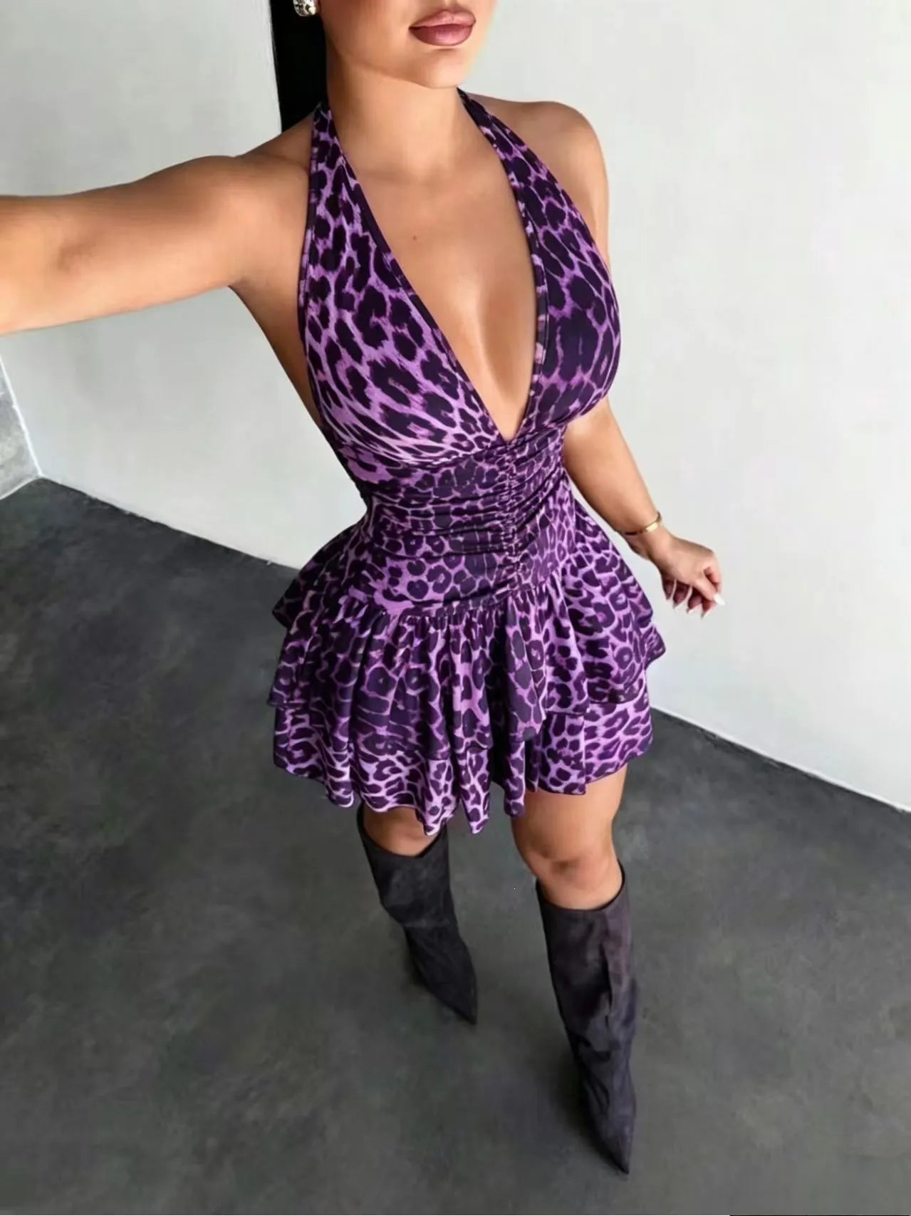 Leopard Print Deep V-Neck Halter Ruched Ruffle Mini Dress