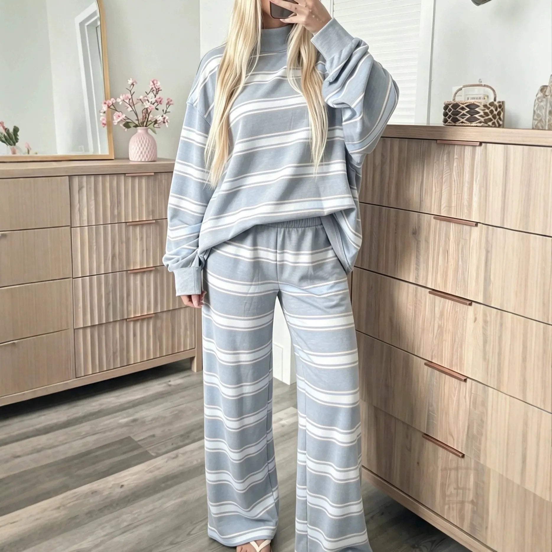 Casual Striped Matching Two Piece Set, Cozy Mock Neck Sweatshirt and Wide Leg Trousers