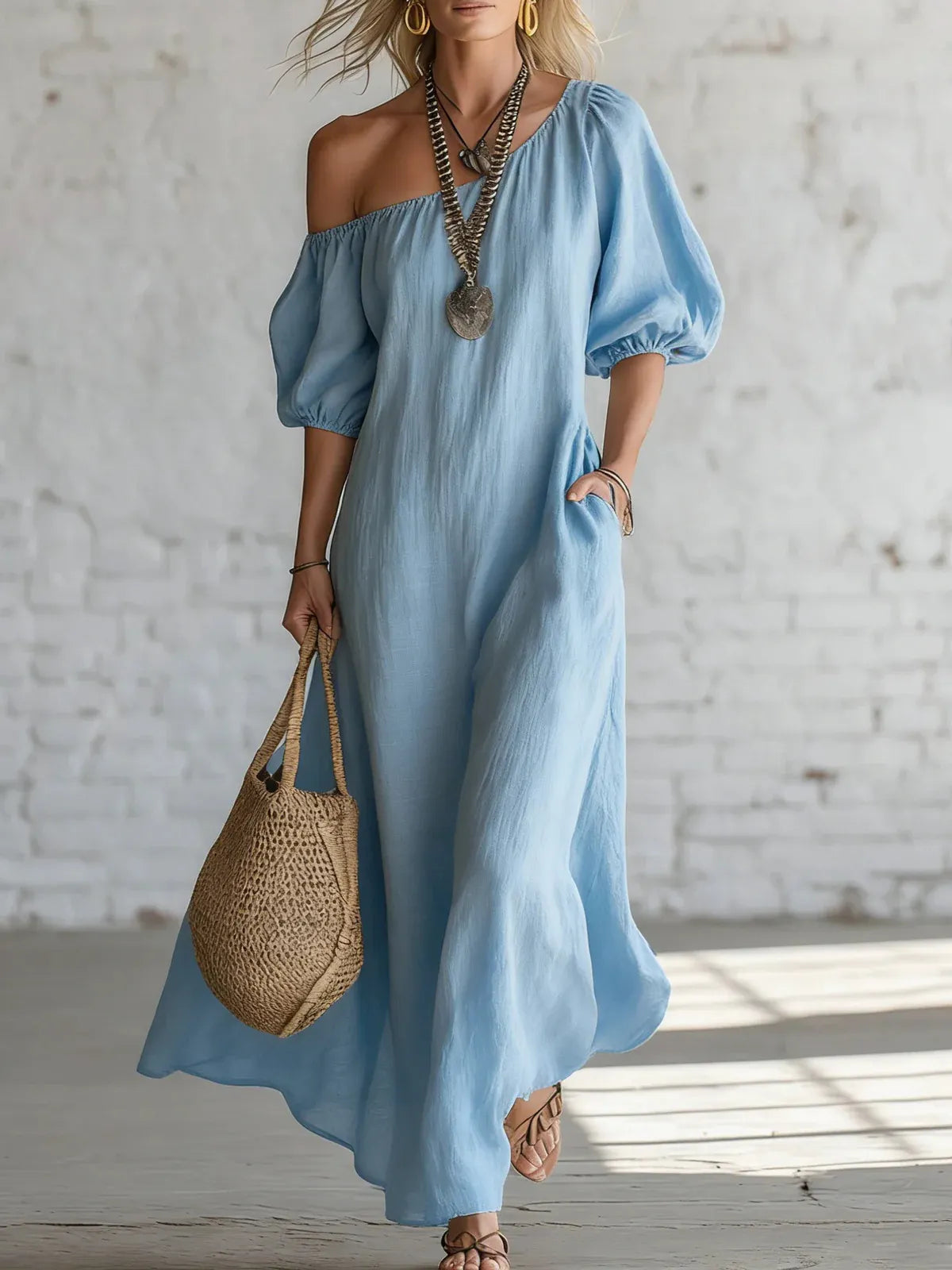 Solid Color Off Shoulder Puff Sleeve Pleated Midi Puffy Shirt Dress