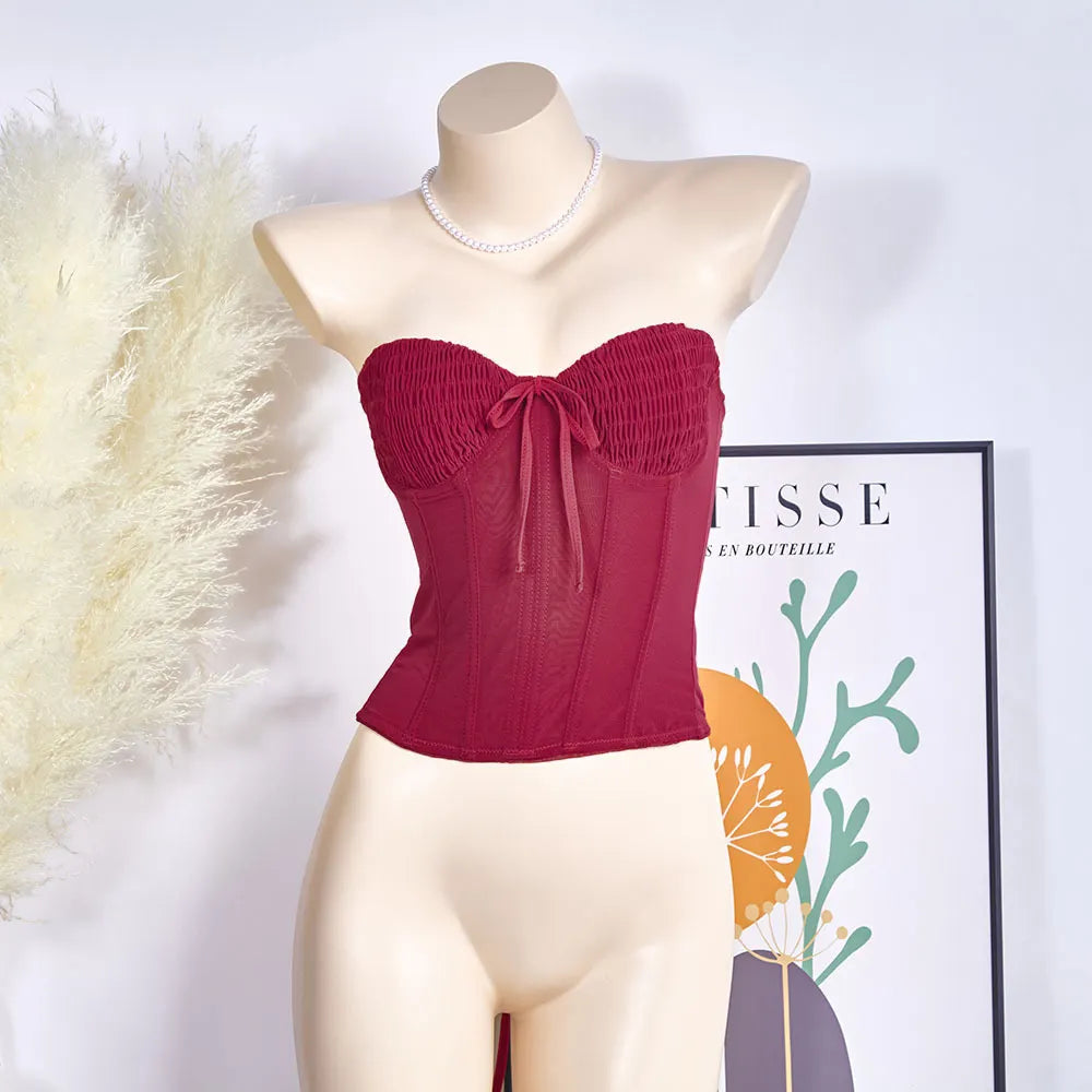 Strapless Smocked Front Bow Mesh Corset Tube Top