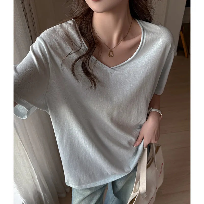Solid Color V-Neck Dropped Shoulder Loose Fit T-Shirt