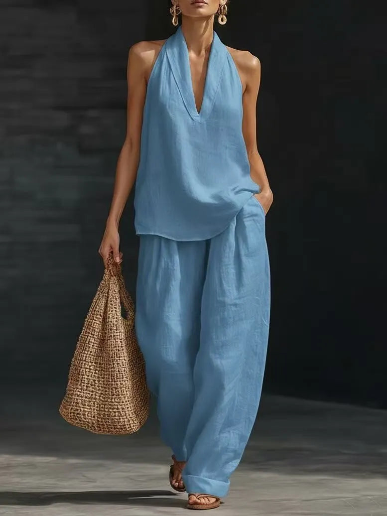 Linen Halter Top & Wide Leg Pants Set