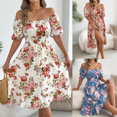 Square Neck Puff Sleeve Floral Print Smocked Waist A-Line Midi Dress
