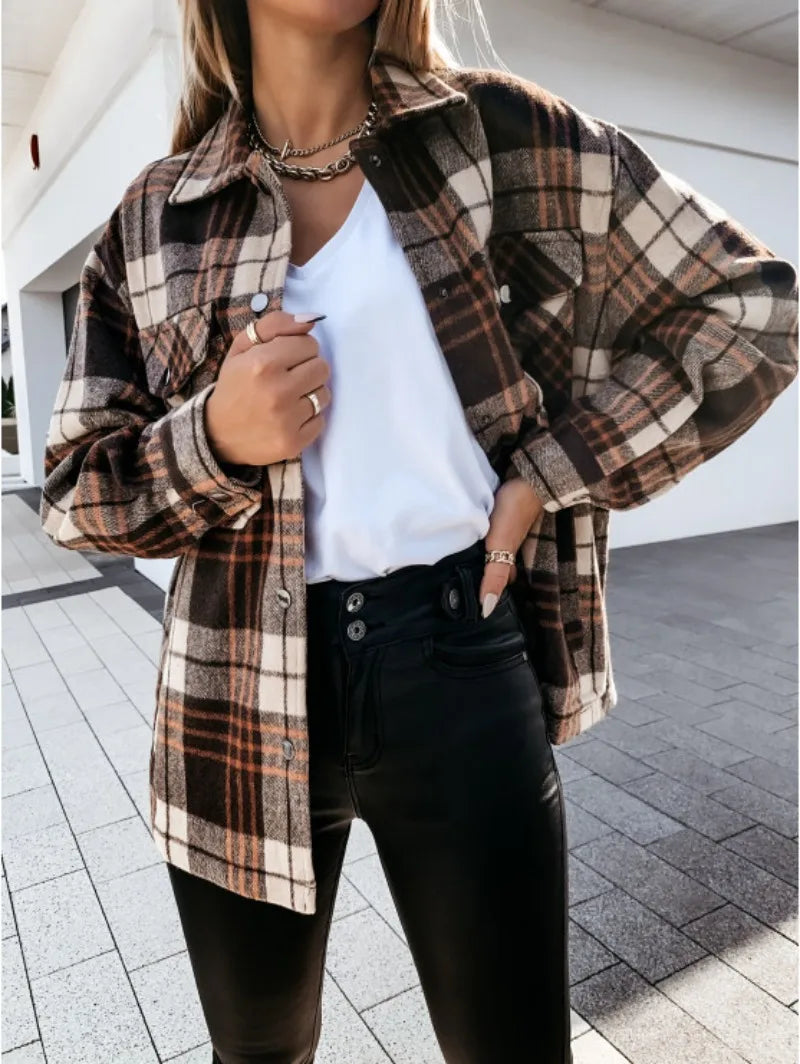 Fall Outfit Brown Check Shacket, Loose Fit Flannel Plaid Shirt Coat