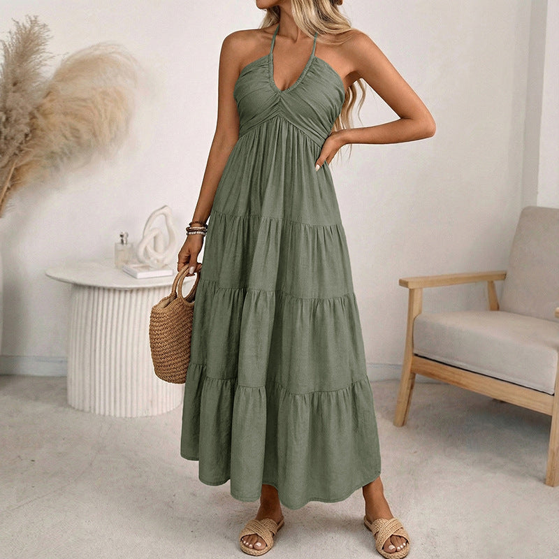 Green Halter Neck Tiered Maxi Dress