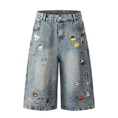 High Waist Cartoon Patch Wide Leg Cropped Jeans