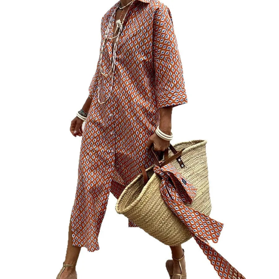 Lapel Five-Quarter Sleeve Printed Loose Maxi Dress Ethnic Travel Shirt Dress