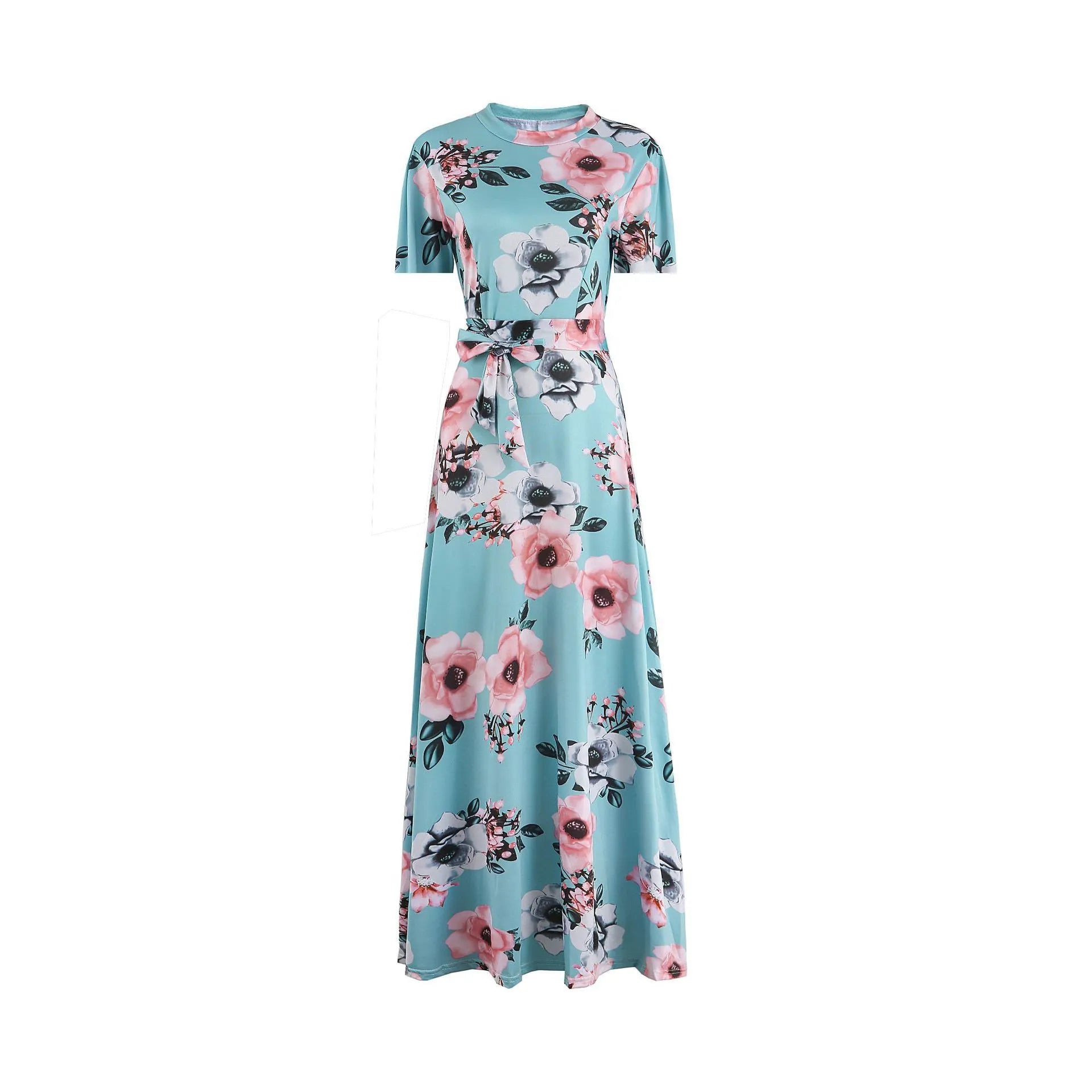 Satin Floral Print High Neck Short Sleeve Maxi Dress