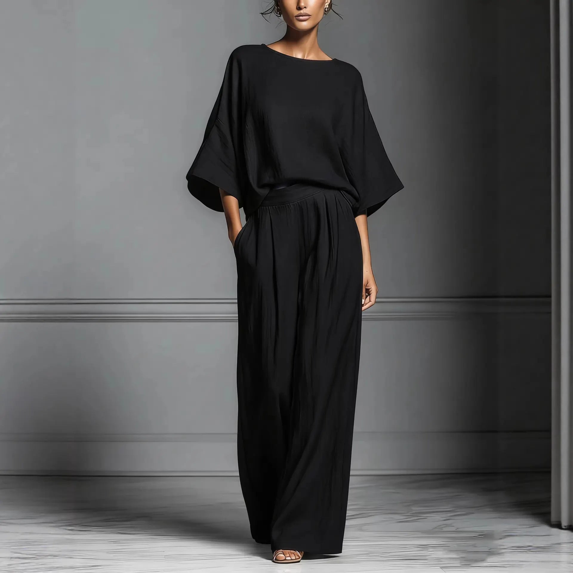 Brown Batwing Sleeve Top & Wide-Leg Pants Two-Piece Set