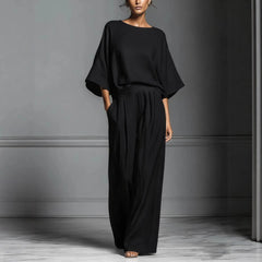 Brown Batwing Sleeve Top & Wide-Leg Pants Two-Piece Set