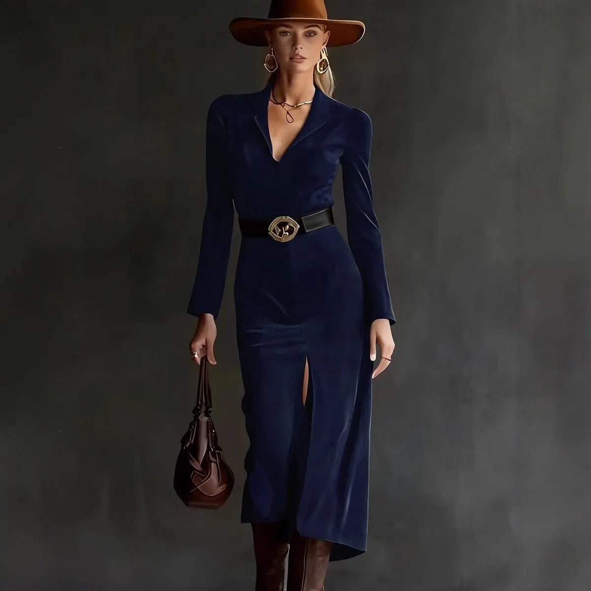 Brown Suede Lapel Long Sleeve Midi Dress With Belt