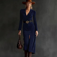 Brown Suede Lapel Long Sleeve Midi Dress With Belt
