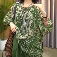 Round Neck Plant Floral Print Loose Long Sleeve Chiffon Commuter Blouse