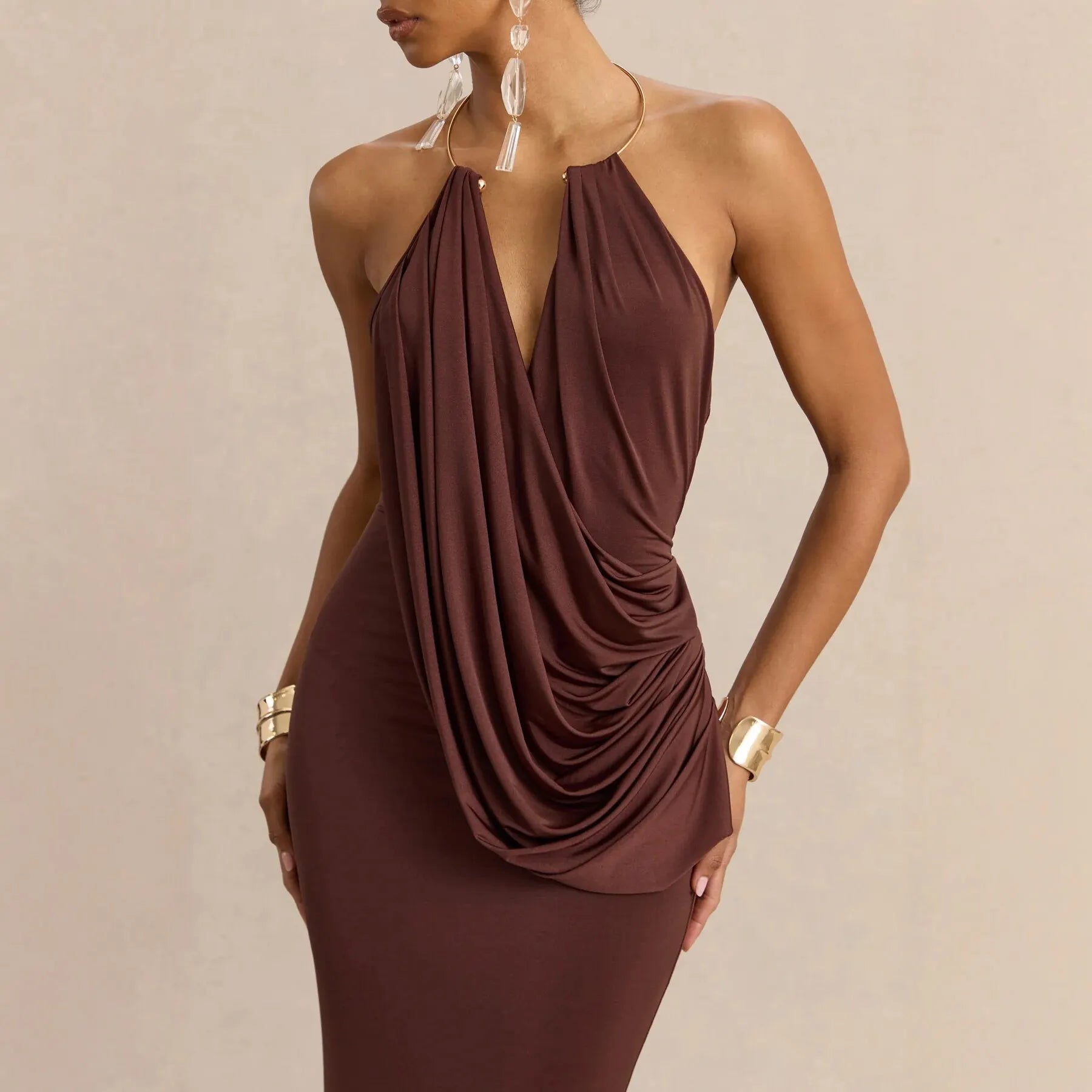 Solid Color Halter Neck Ruched Mermaid Maxi Dress