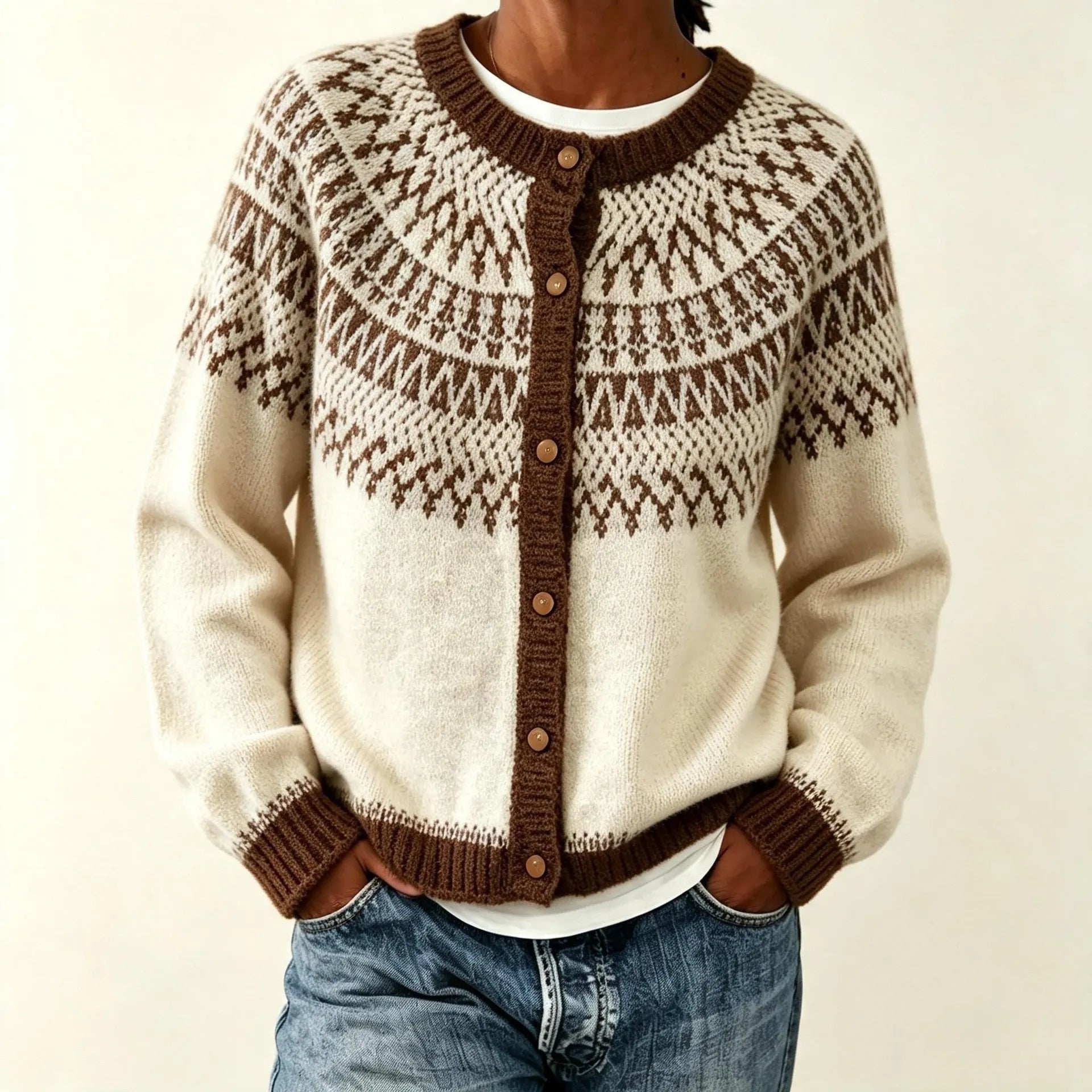 Nordic Geometric Pattern Knit Cardigan Round Neck Button Front Cozy Long Sleeve Sweater for Women