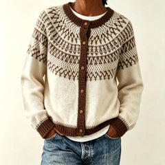 Nordic Geometric Pattern Knit Cardigan Round Neck Button Front Cozy Long Sleeve Sweater for Women