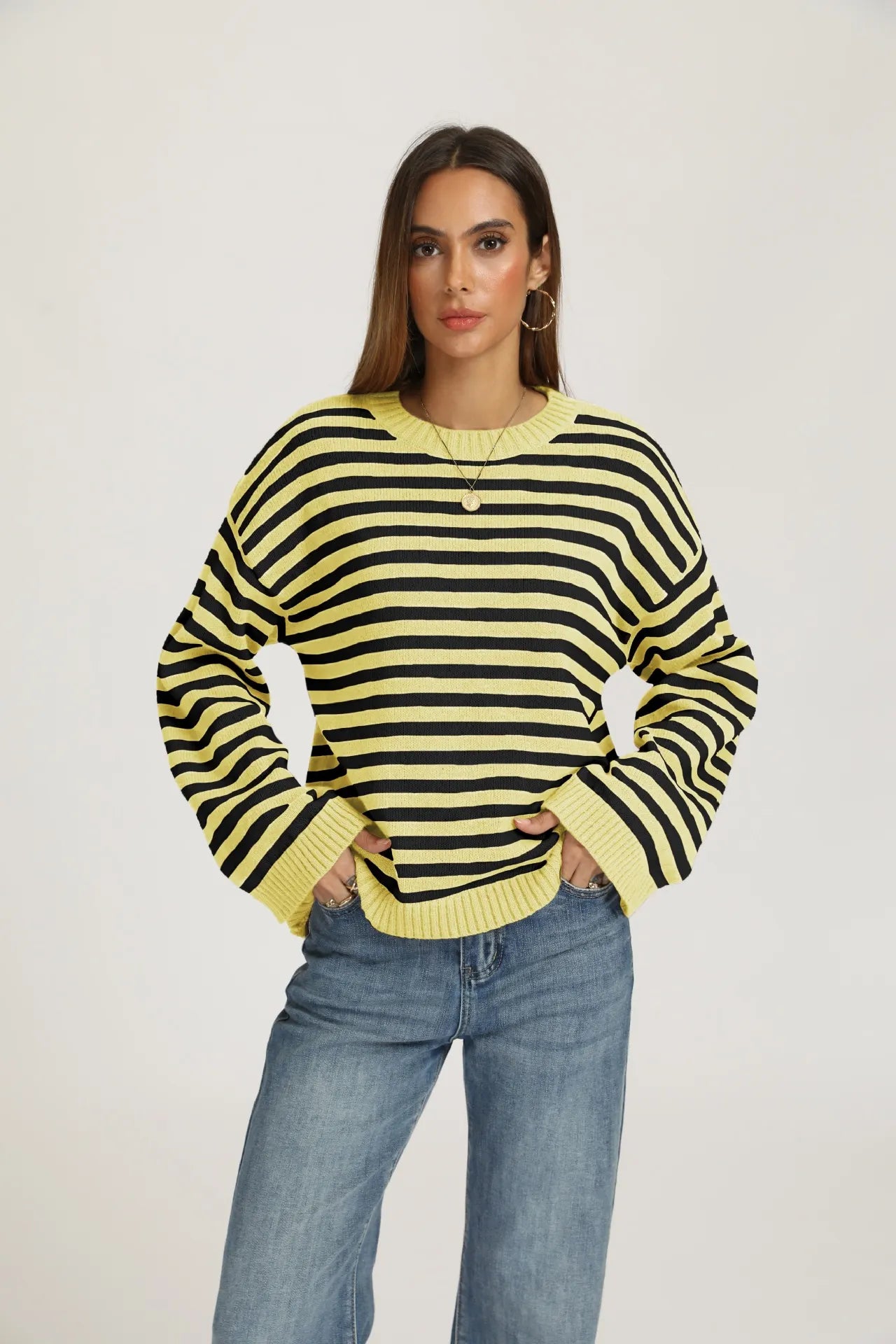 Bold Stripe Knit Pullover Crew Neck Drop Shoulder Loose Fit Fall Sweater