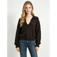 Cable Knit Polo V Neck Pullover Sweater