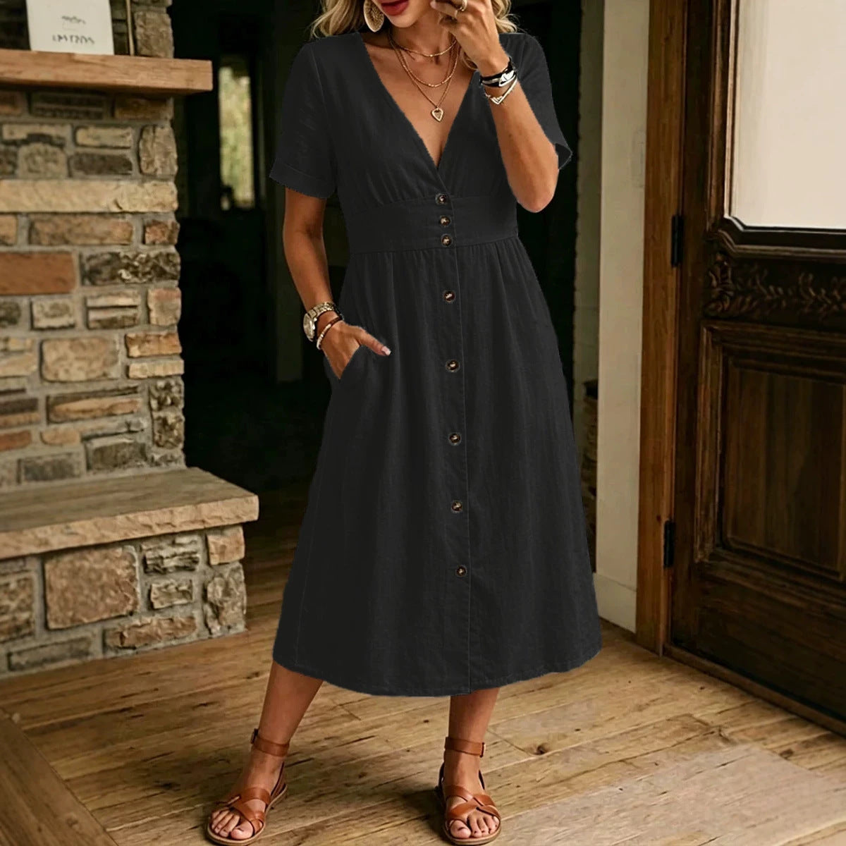 V-Neck Button Front Short Sleeve Midi Dress