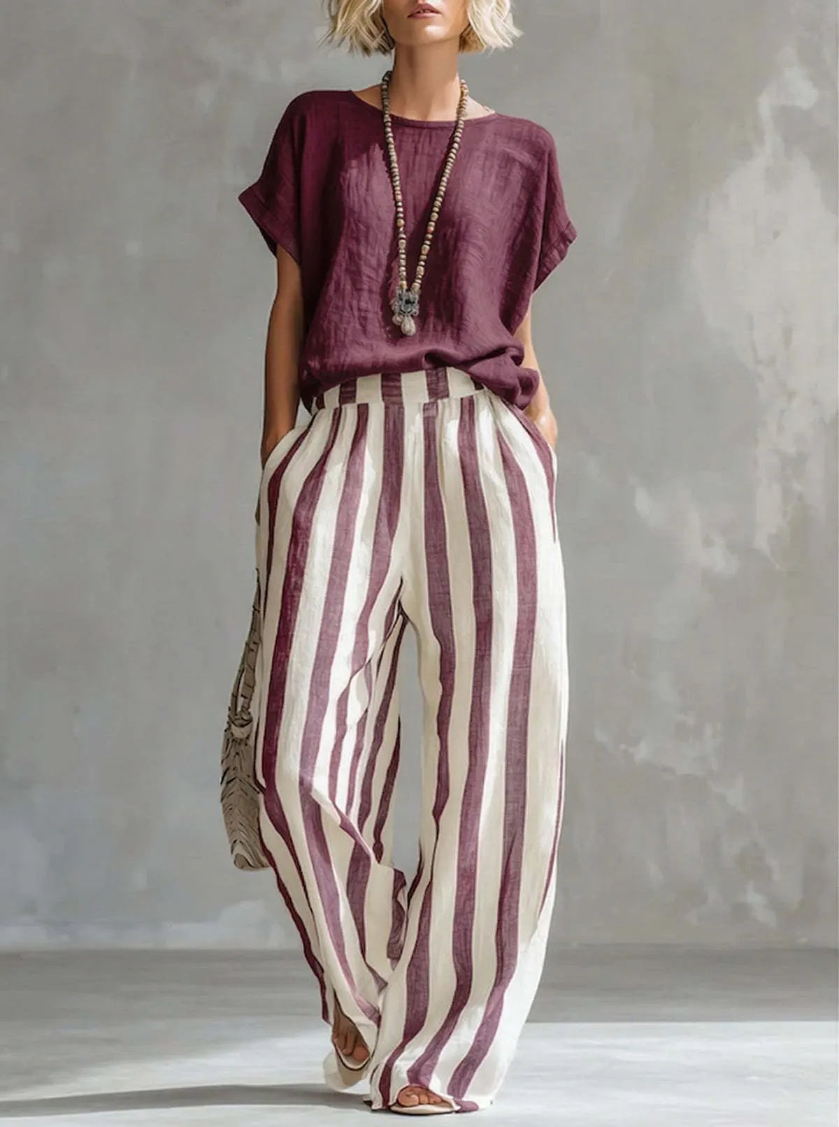 Solid Color Short-Sleeve Top & Striped Wide-Leg Pants Set