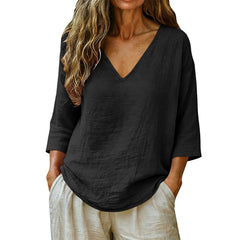 V-Neck Solid Color Loose Three-Quarter Sleeve Casual Polyester Tee
