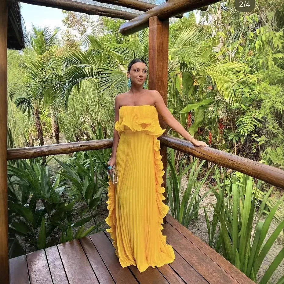 Strapless Ruffle Pleated Maxi Evening Dress