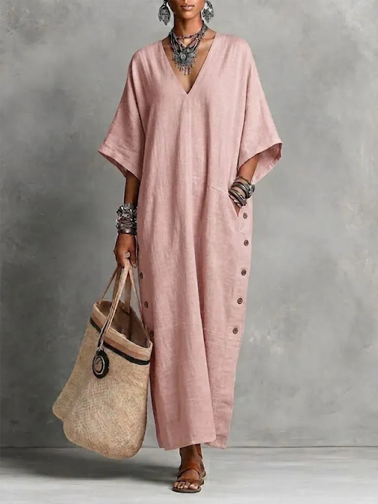 Apricot Cotton Linen V-Neck Button Detail Maxi Dress