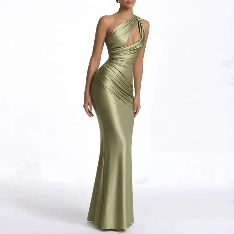 One Shoulder Cutout Satin Mermaid Evening Maxi Dress