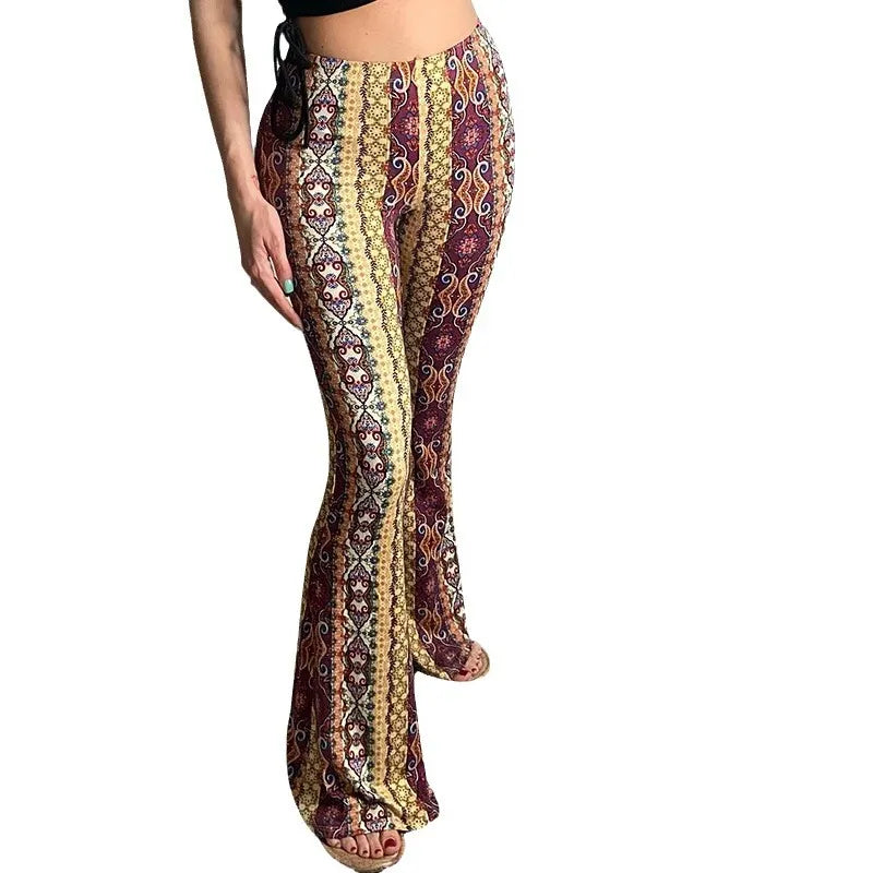 Vintage Ethnic Print High Waist Stretch Flared Casual Pants