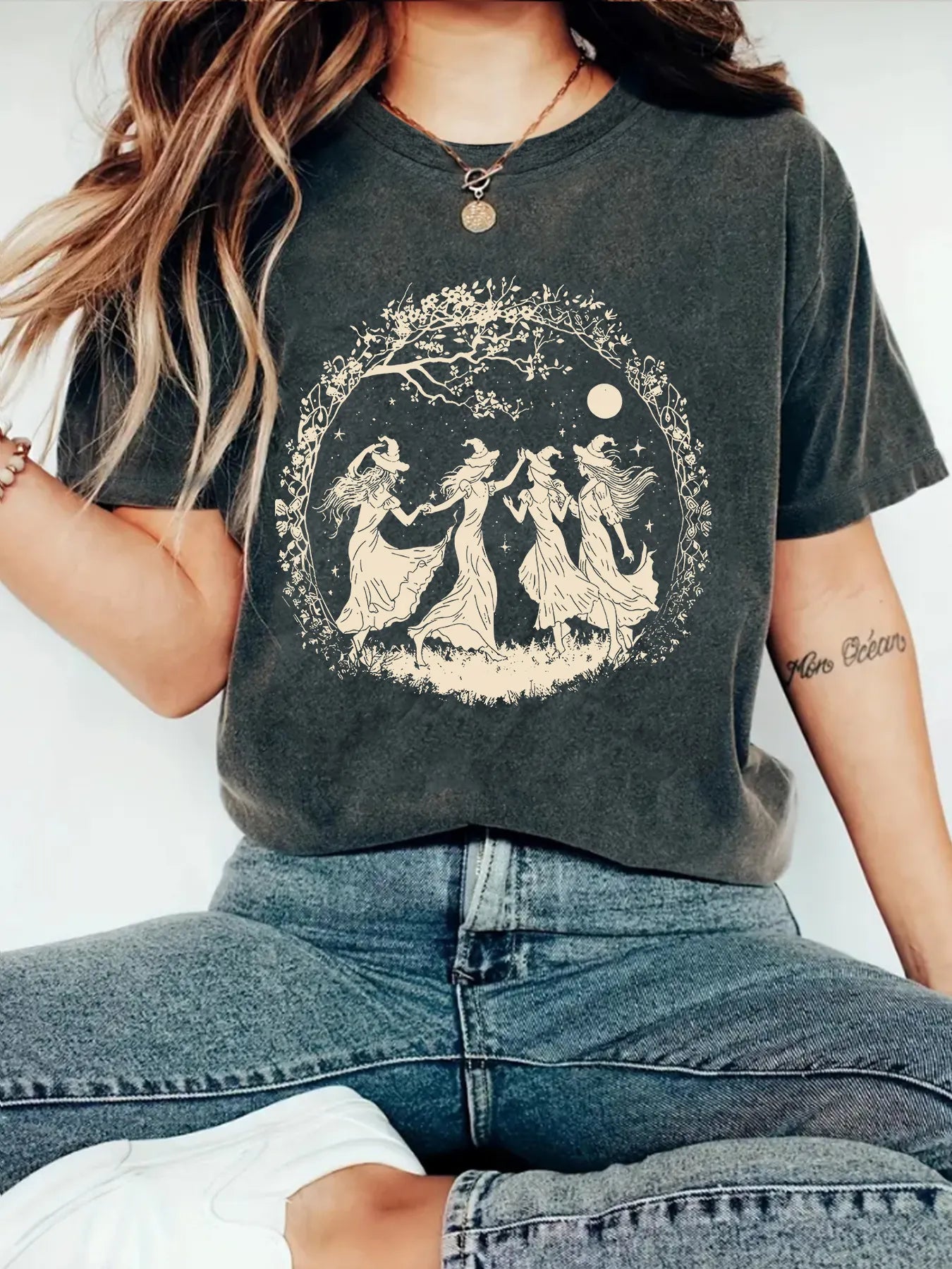 Halloween Witch Moon Floral Print Crew Neck Short Sleeve T‑Shirt
