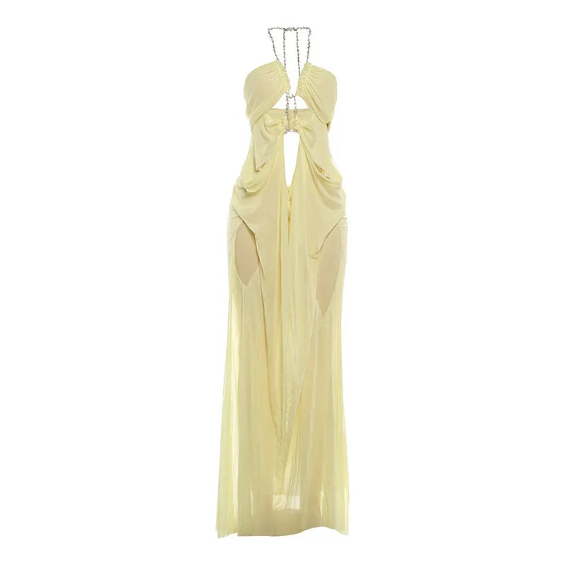 Rhinestone Chain Halter Maxi Dress