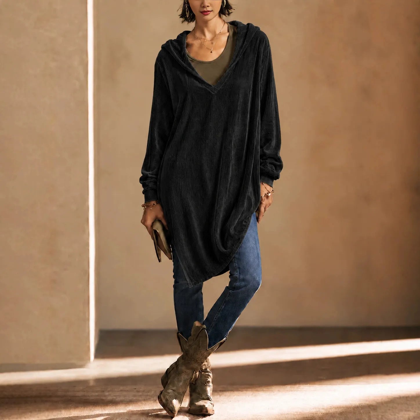 Loose Fit Corduroy V-Neck Hooded Long Sleeve Tunic Top