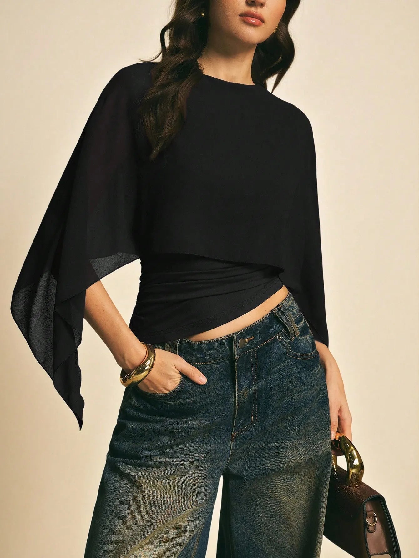 Elegant Two Piece Look Cape Sleeve Top, Asymmetric Hem Ruched Fitted Tee