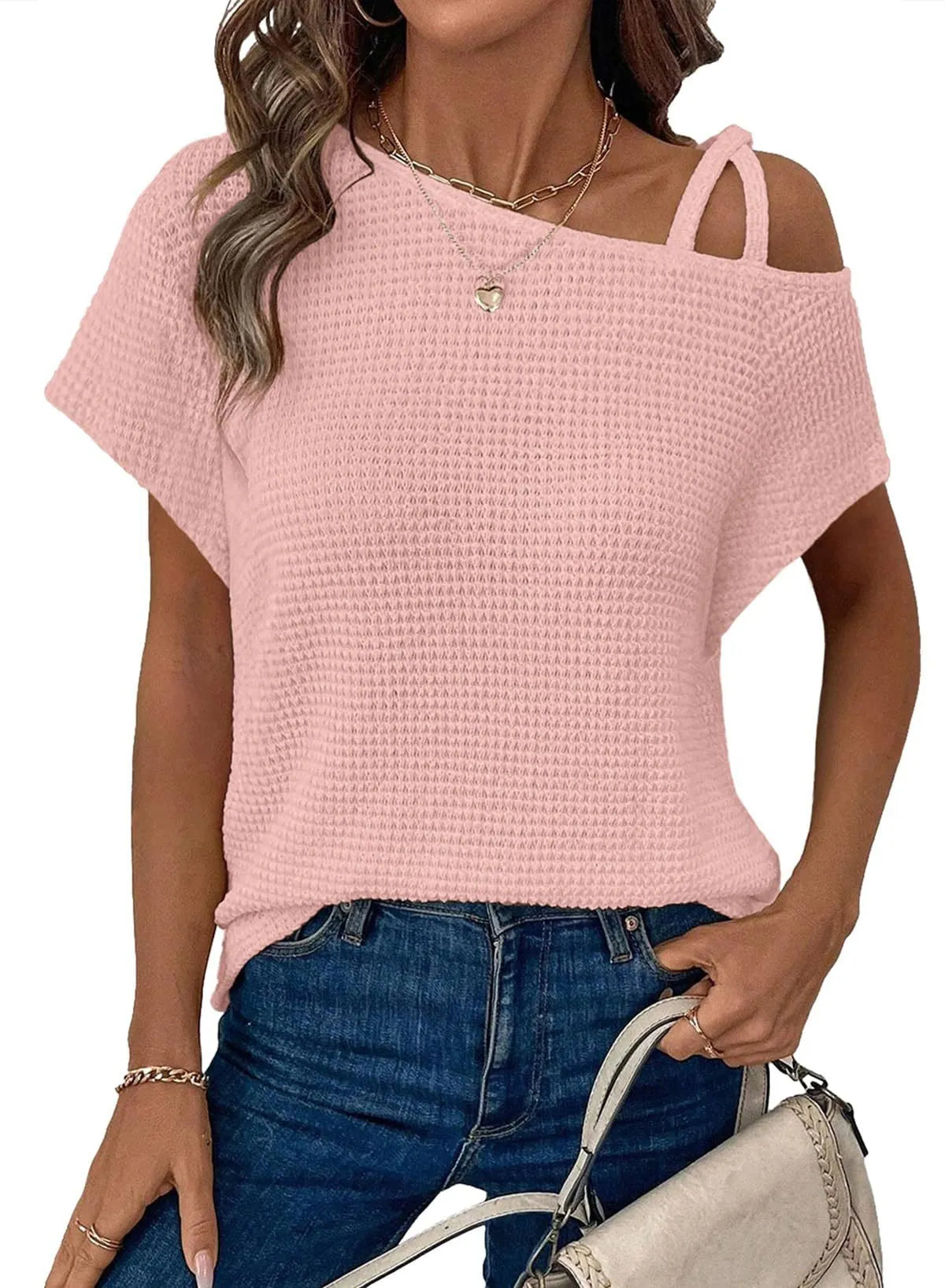 Waffle Knit Asymmetrical Cold Shoulder T-Shirt