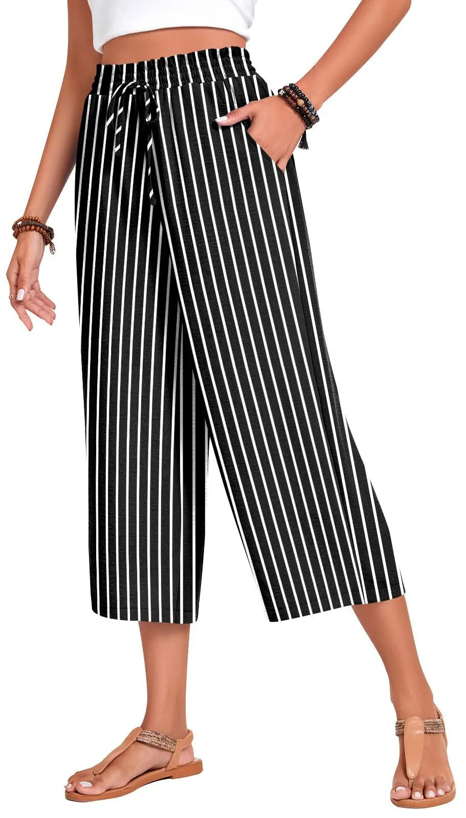 Matching Flowy Linen Look Floral Print Drawstring High Waist Loose Cropped Casual Daily Outfit Pants