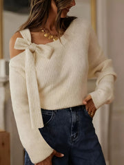 Elegant Cold Shoulder Bow Knit Top, Relaxed Fit Long Sleeve Cream Sweater