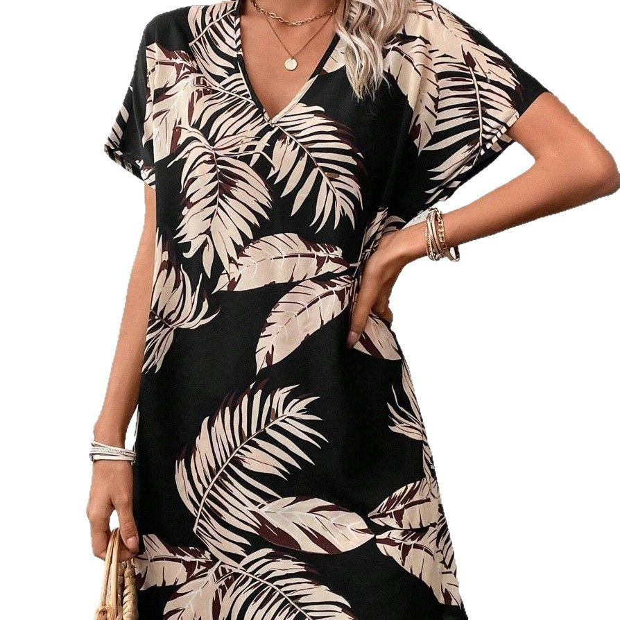 Tropical Leaf Print Mini Dress,
